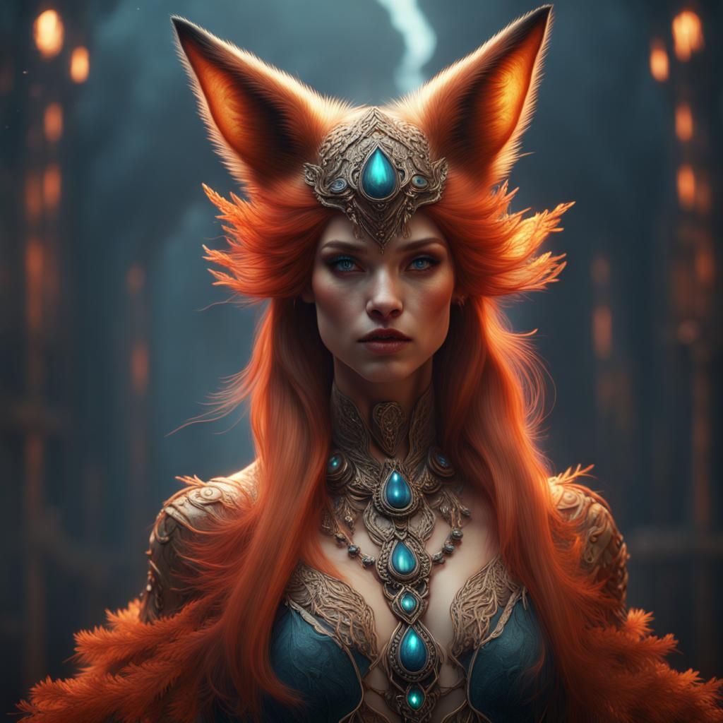 Ethereal Fox Woman in Detailed Matte Painting
