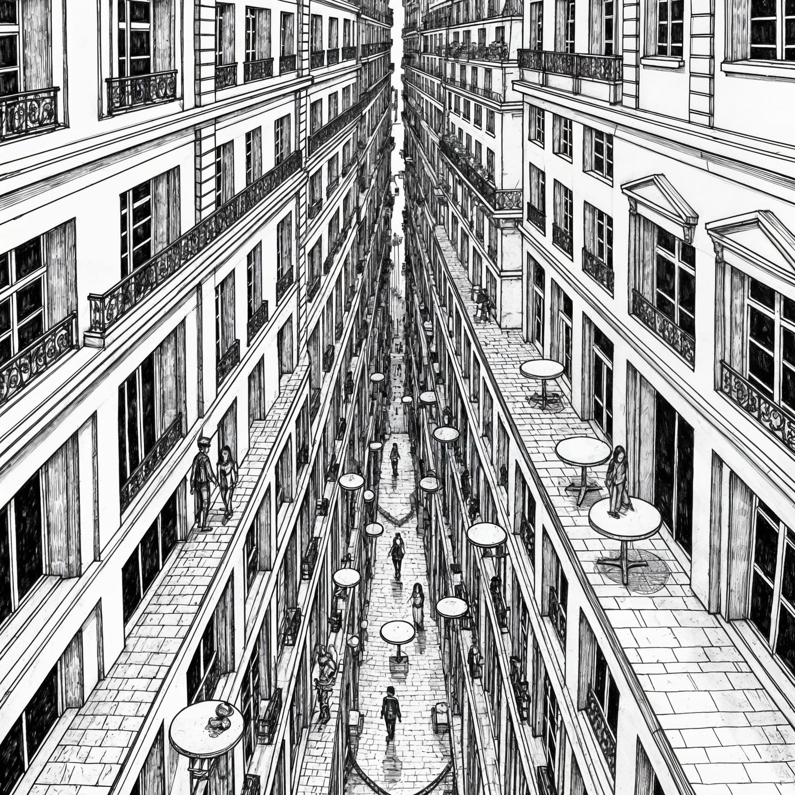 Impossible Paris Architecture in Escher Style Ink Drawing