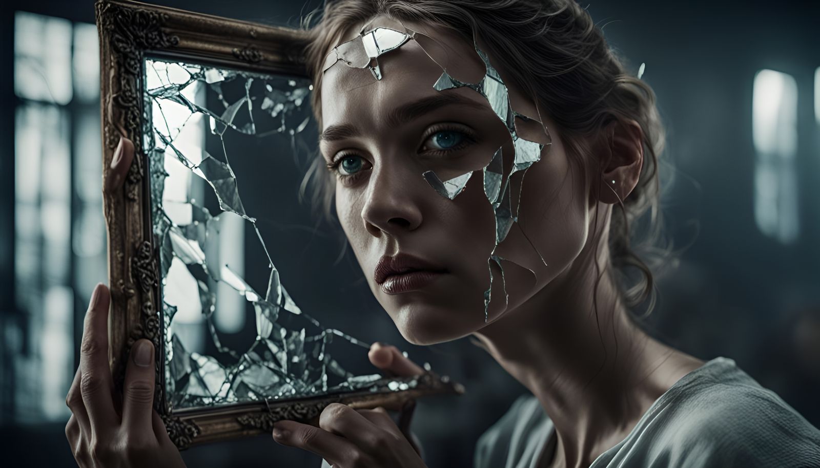Broken Mirror Reflecting Beauty: Hyperrealistic 3D Portrait