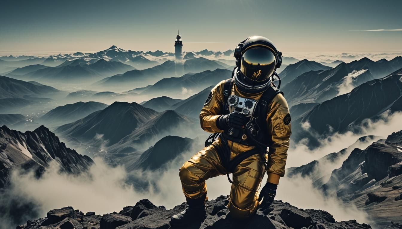 Retrofuturist Portrait on Mountain Top in 8K