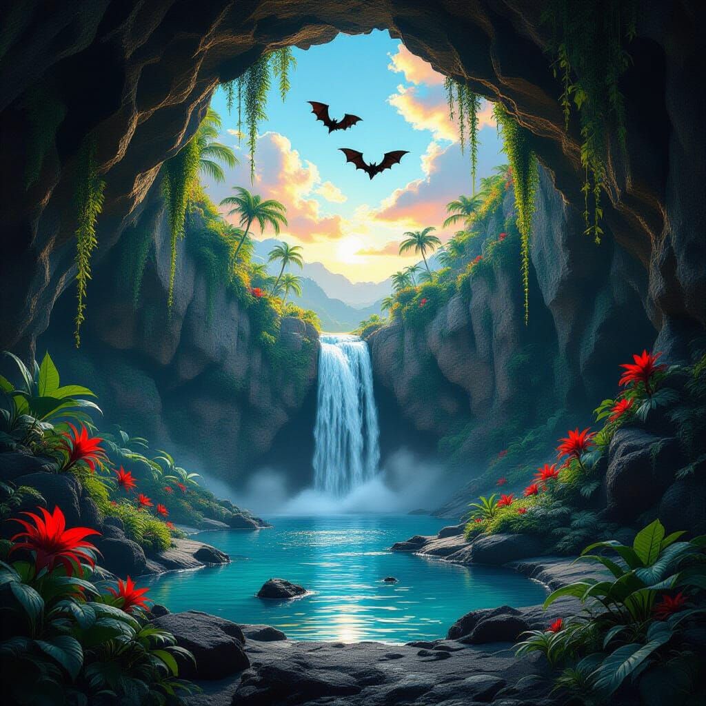 Mystical Cave with Waterfall and Tropical Plants in Fantasy ...