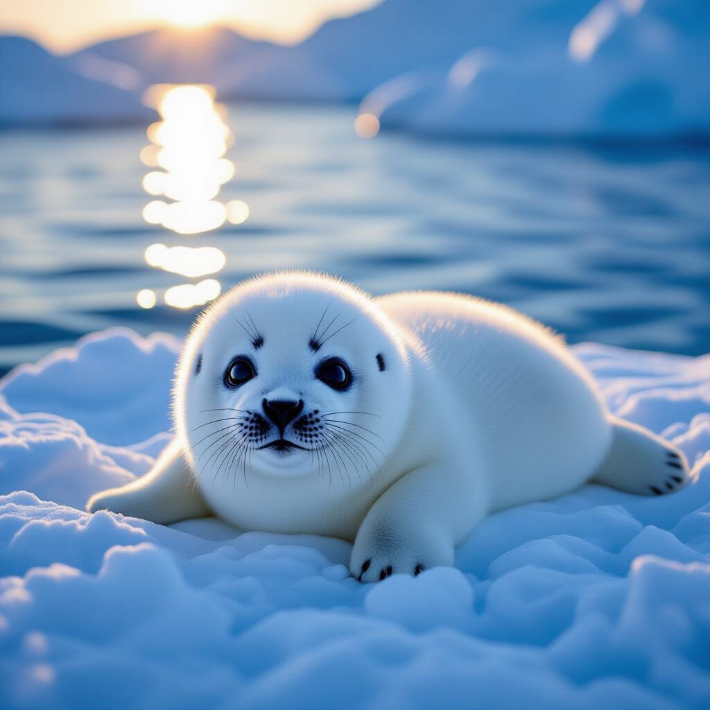 Fluffy Harp Seal Pup on Snowy Ice Floe
