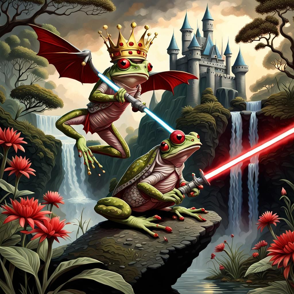 Frog King Battles with Laser Swords in Wonderland