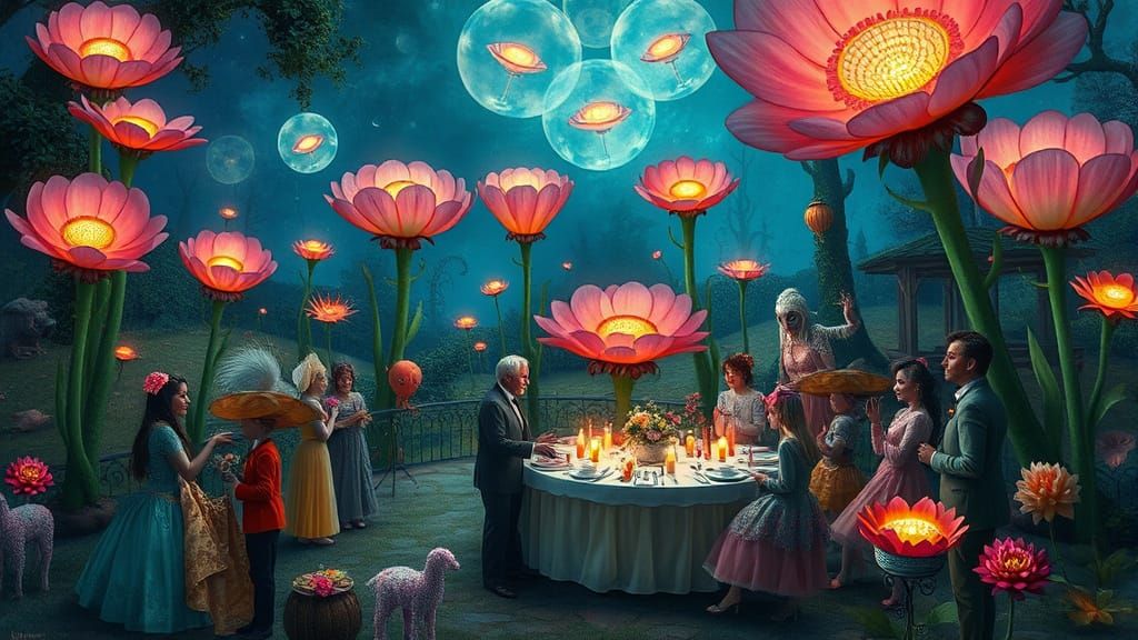 Surreal Garden Party with Bioluminescent Flowers