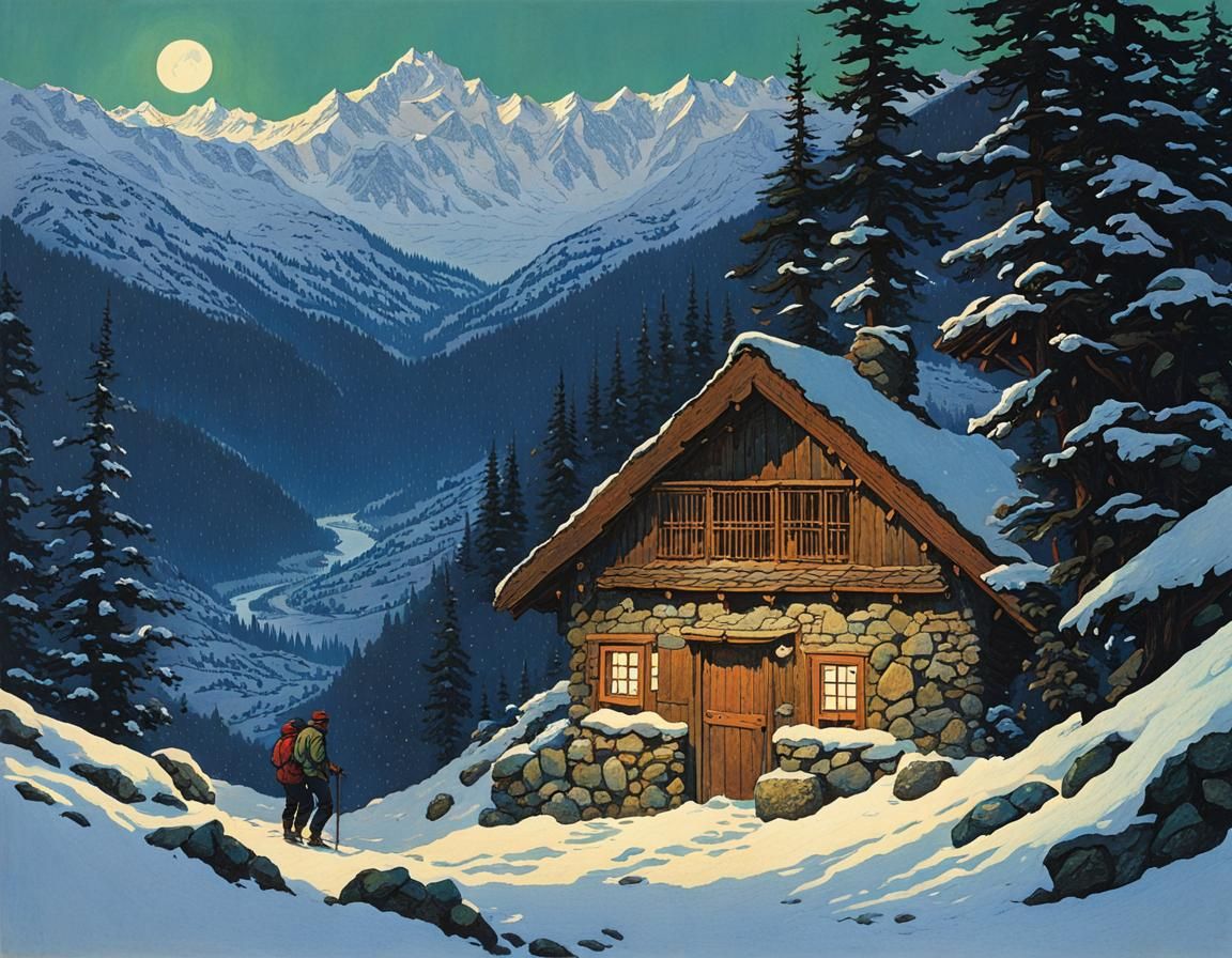 Hikers Seek Shelter: Fairytale Alpine Scene