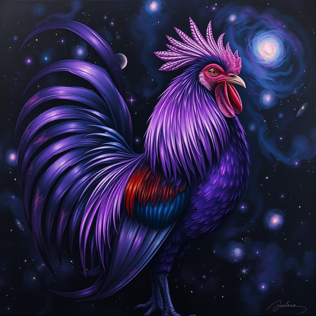 Cosmic Rooster in Iridescent Feathers Against Starry Sky