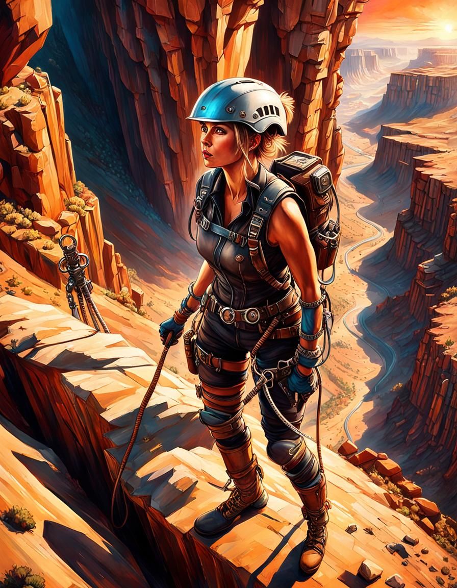 Wasteland Woman Abseiling into Dystopian Sunset