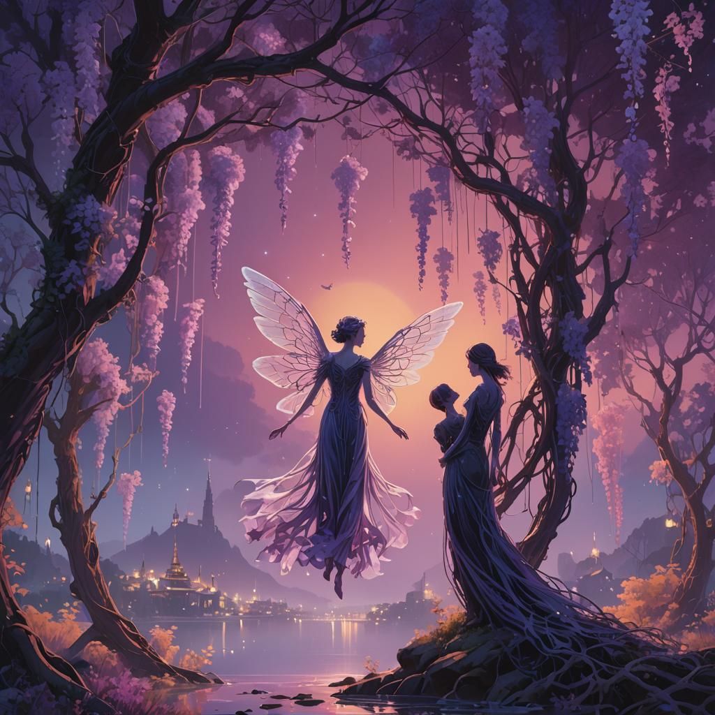 Ethereal Winged Beings Dancing Under Aurora Borealis