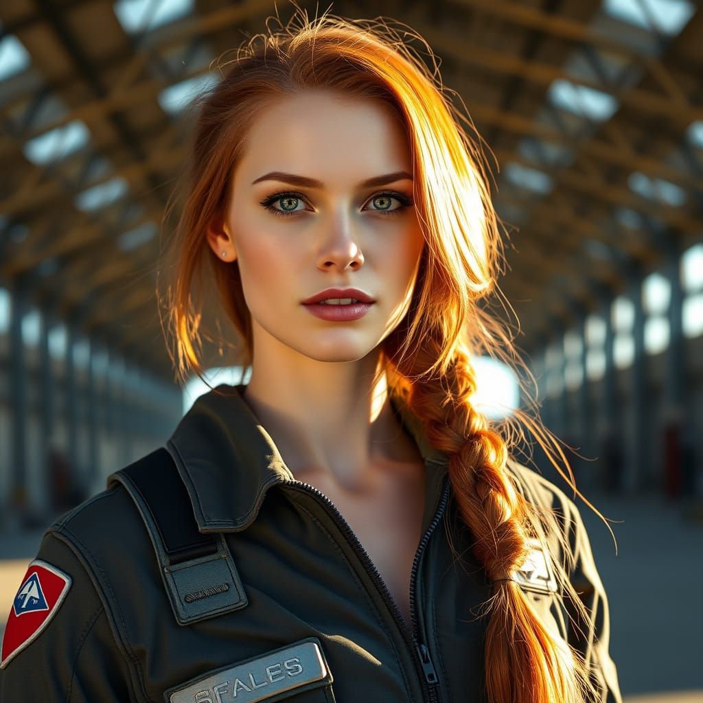 Woman in High-Tech Flightsuit in Military Hangar