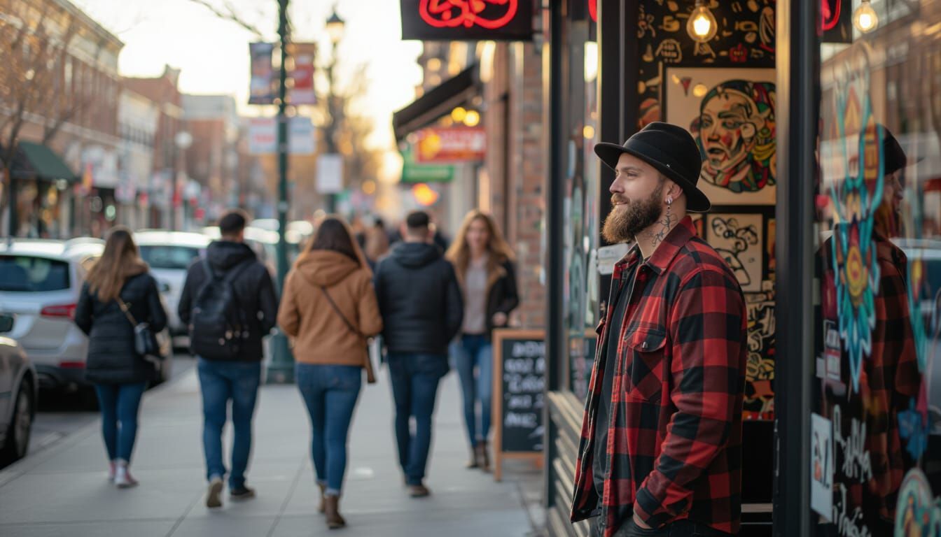 Vibrant Tattoo Studio Entrance with Eager Clients