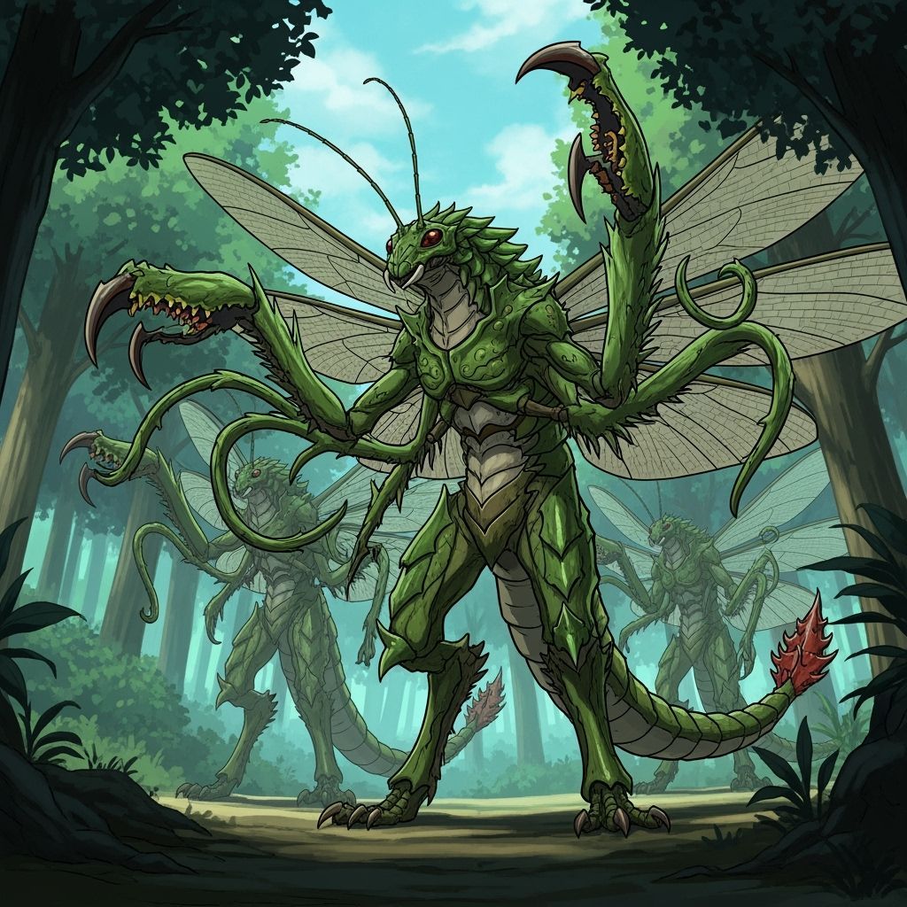 Plasectiles: Reptilian Insectoids in Lush Anime Forest