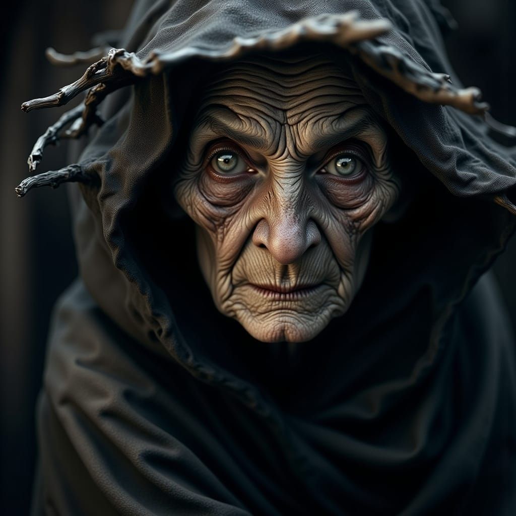 Ancient Witch in Dark Cloak with Twig Hat