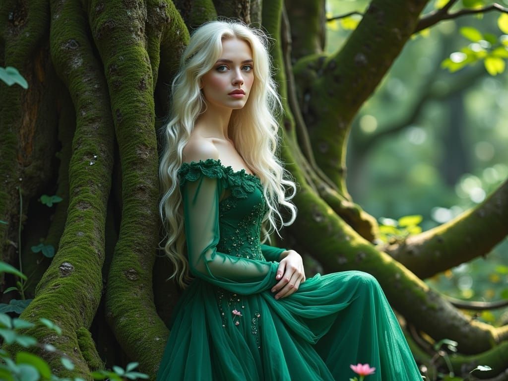 Enigmatic Blonde in Mystical Forest, Photorealistic Portrait