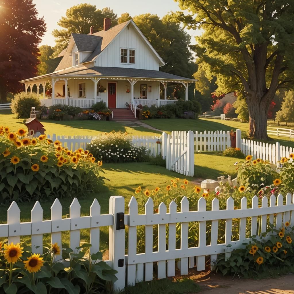 Rural American Farmhouse with White Picket Fence