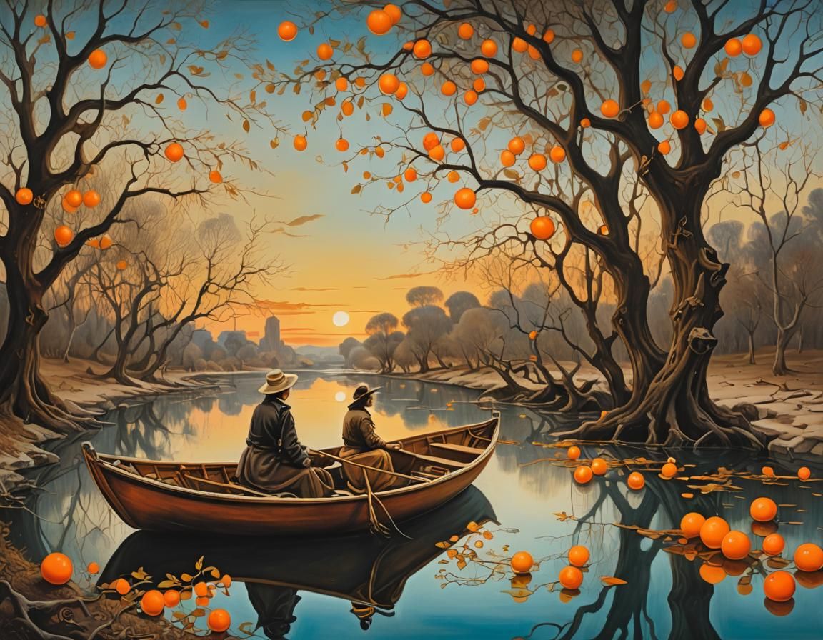 Surreal River Scene with Tangerine Trees, Dali Style