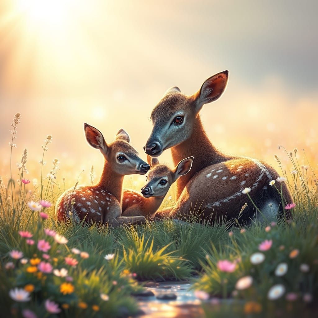 Mother Deer and Fawn in Soft Morning Light