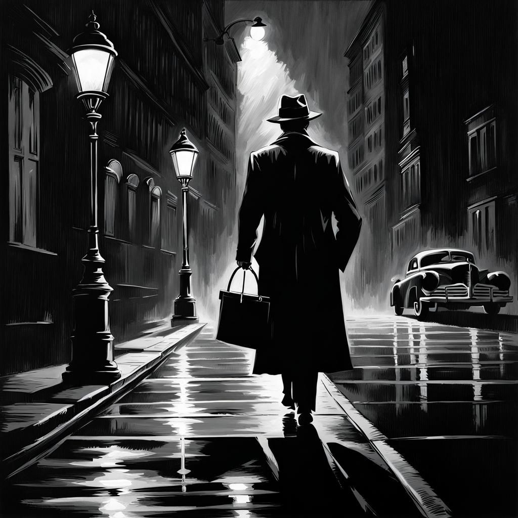 Film Noir Woman in Raincoat Under Streetlight