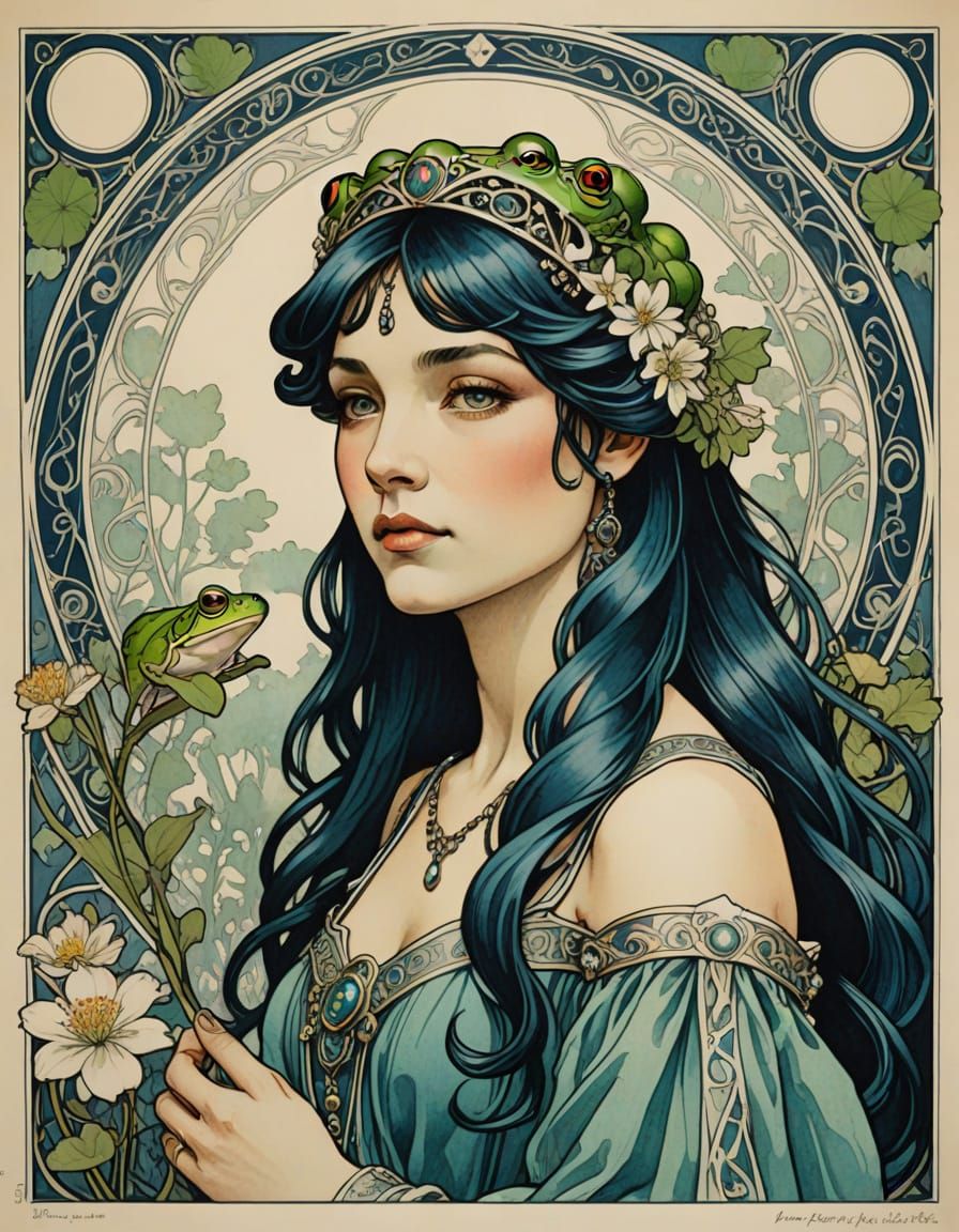 Art Nouveau ink drawing, style of Mucha, the Frog Prince