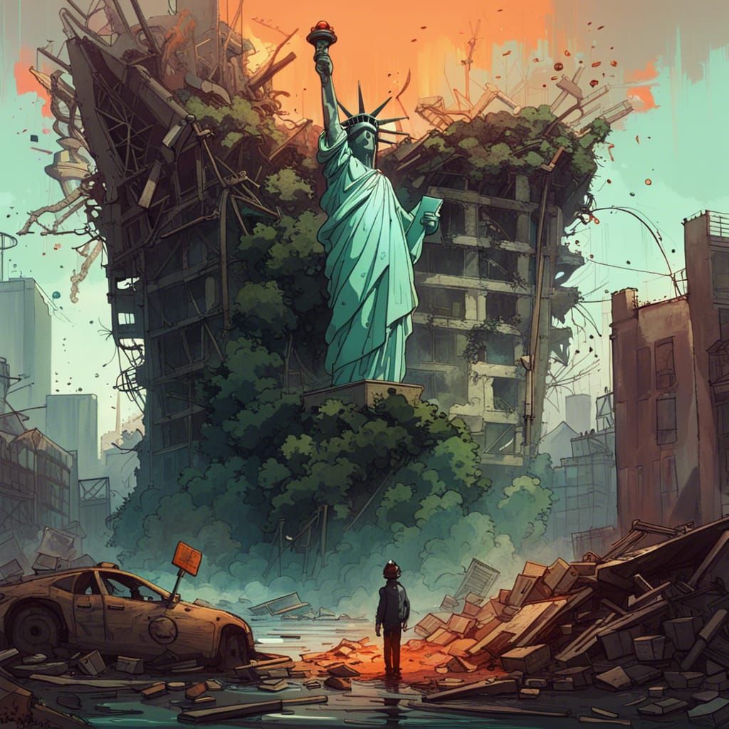Post-Apocalyptic Statue of Liberty in Overgrown City