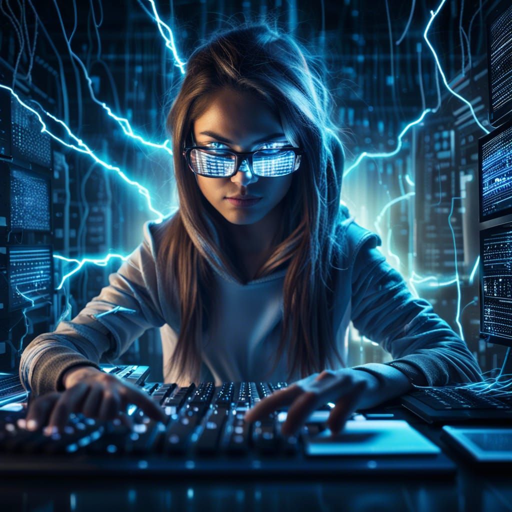 Hacker Girl Immersed in Digital World: Concept Art