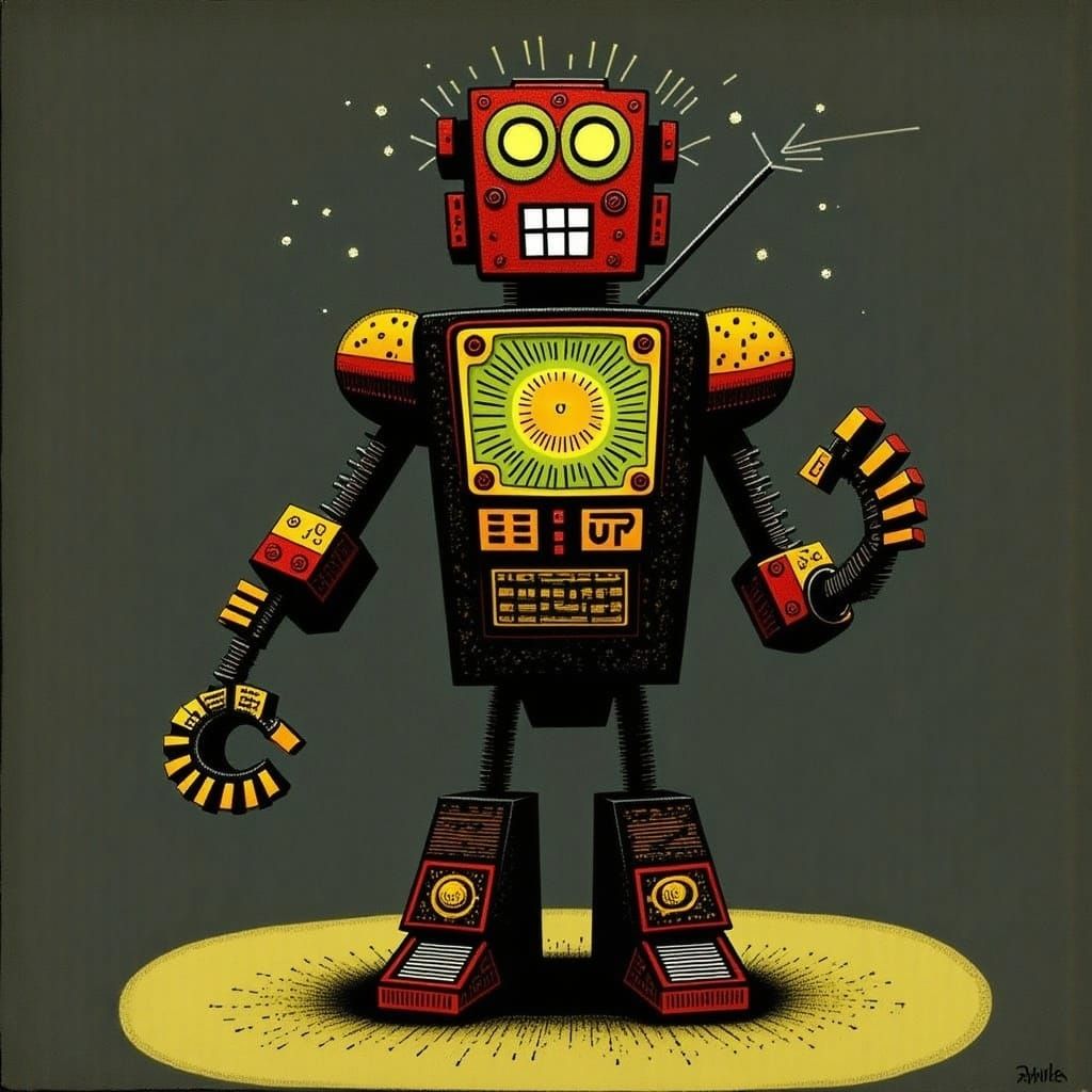 Vintage Robot Wielding Wrench in Pastel Colors