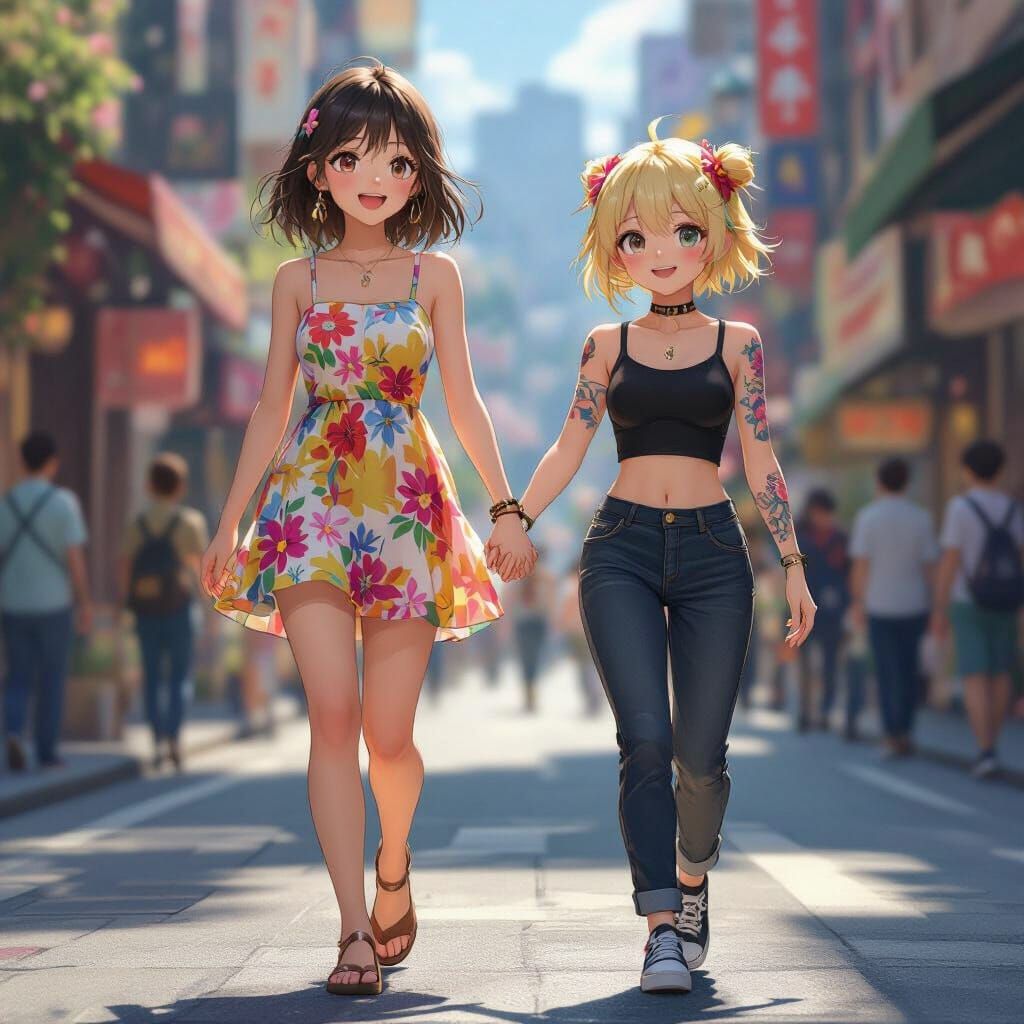 Anime Girls Holding Hands on Busy City Street