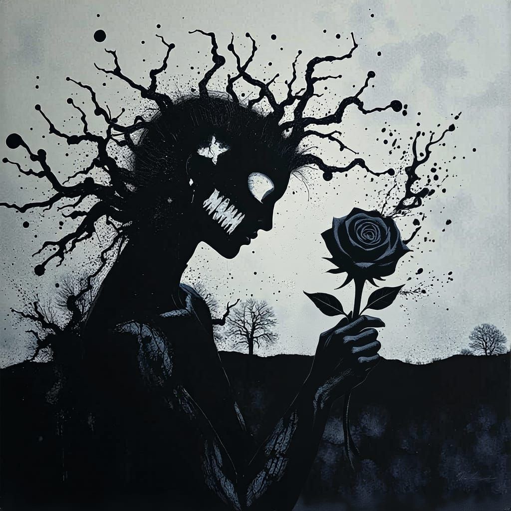 Surreal Black Rose in Ink Splatter Style