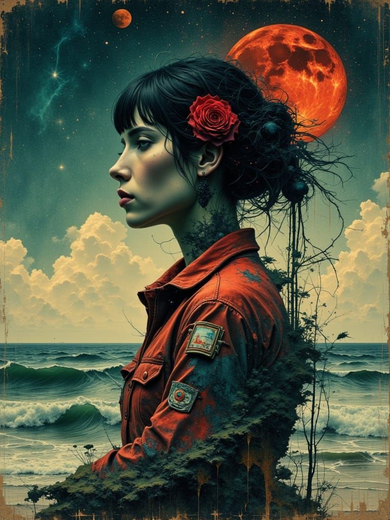 Woman Merged with Moon and Nebula in Double-Exposure Style