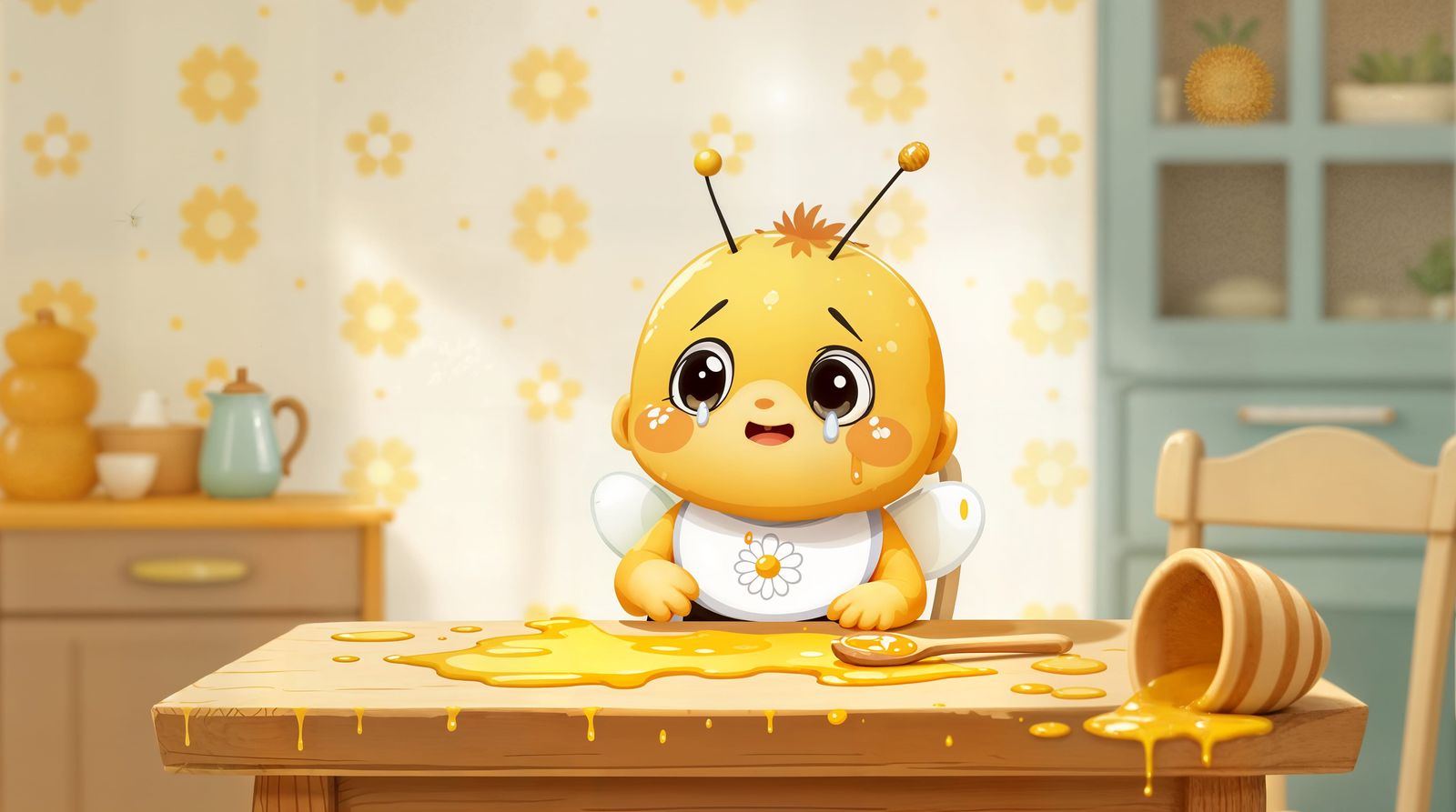 Cute Baby Bee Makes a Mess with Honey in a Cheerful Kitchen