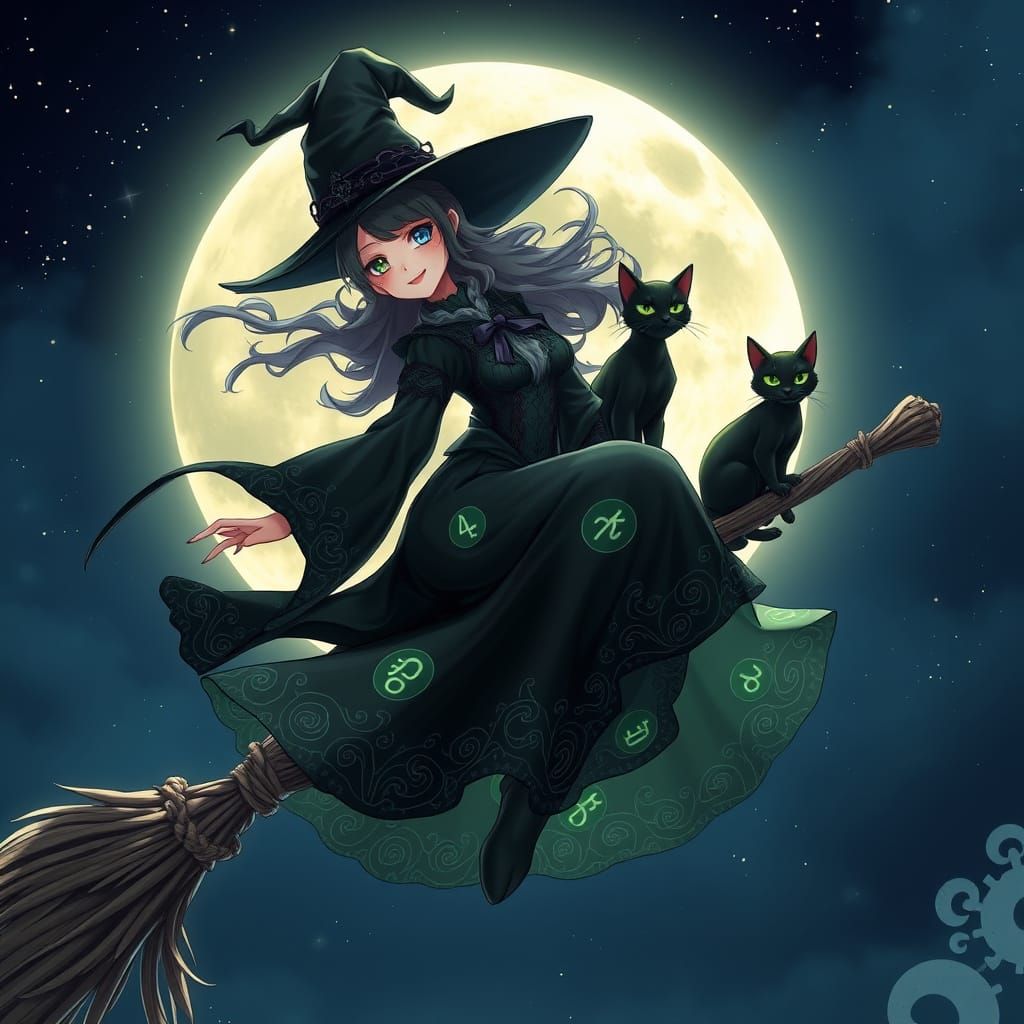 Mystical Witch in Starry Night Sky