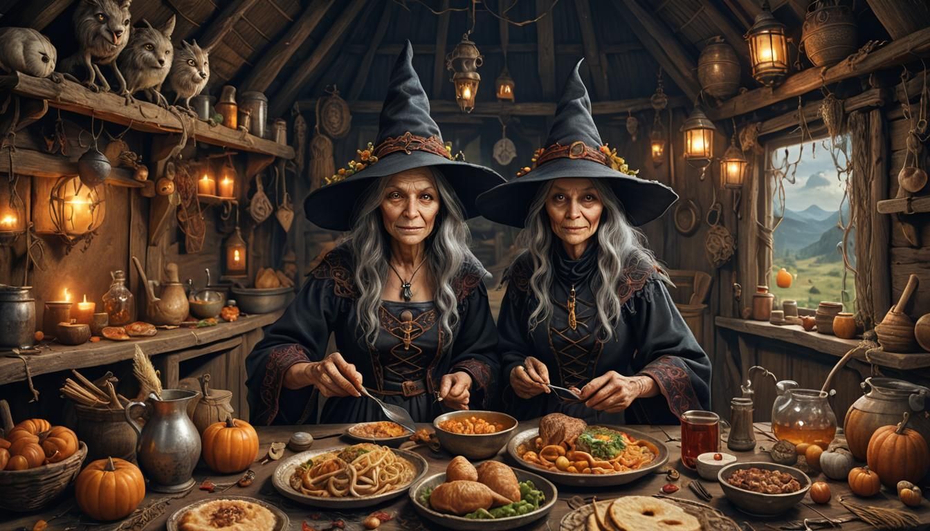 Anthropomorphic Witch Dinner in Hut, Photorealistic CGI