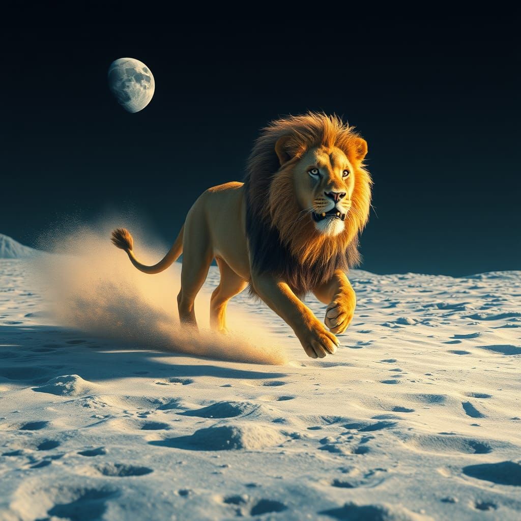 Lion Runs on the Moon in Dreamlike Sci-Fi Style