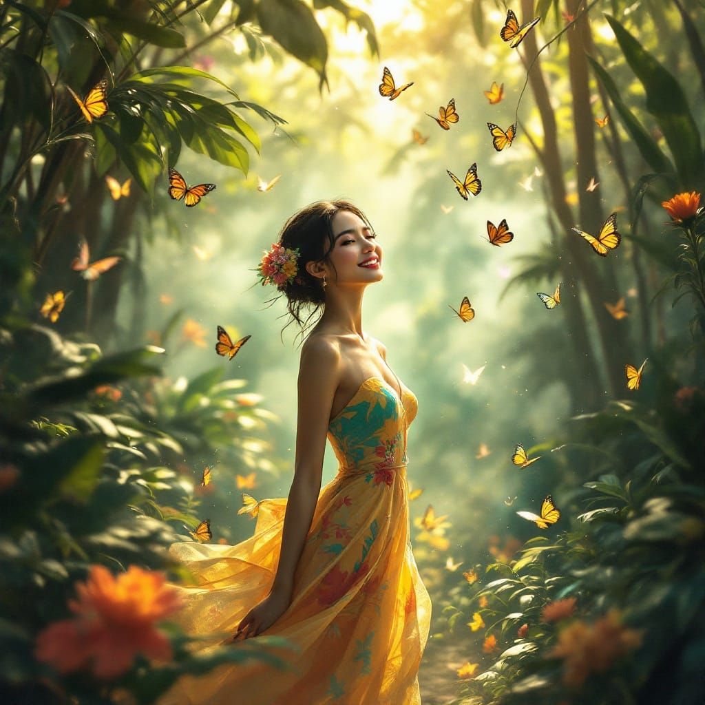 Thai Woman Radiates Joy in Vibrant Jungle Paradise