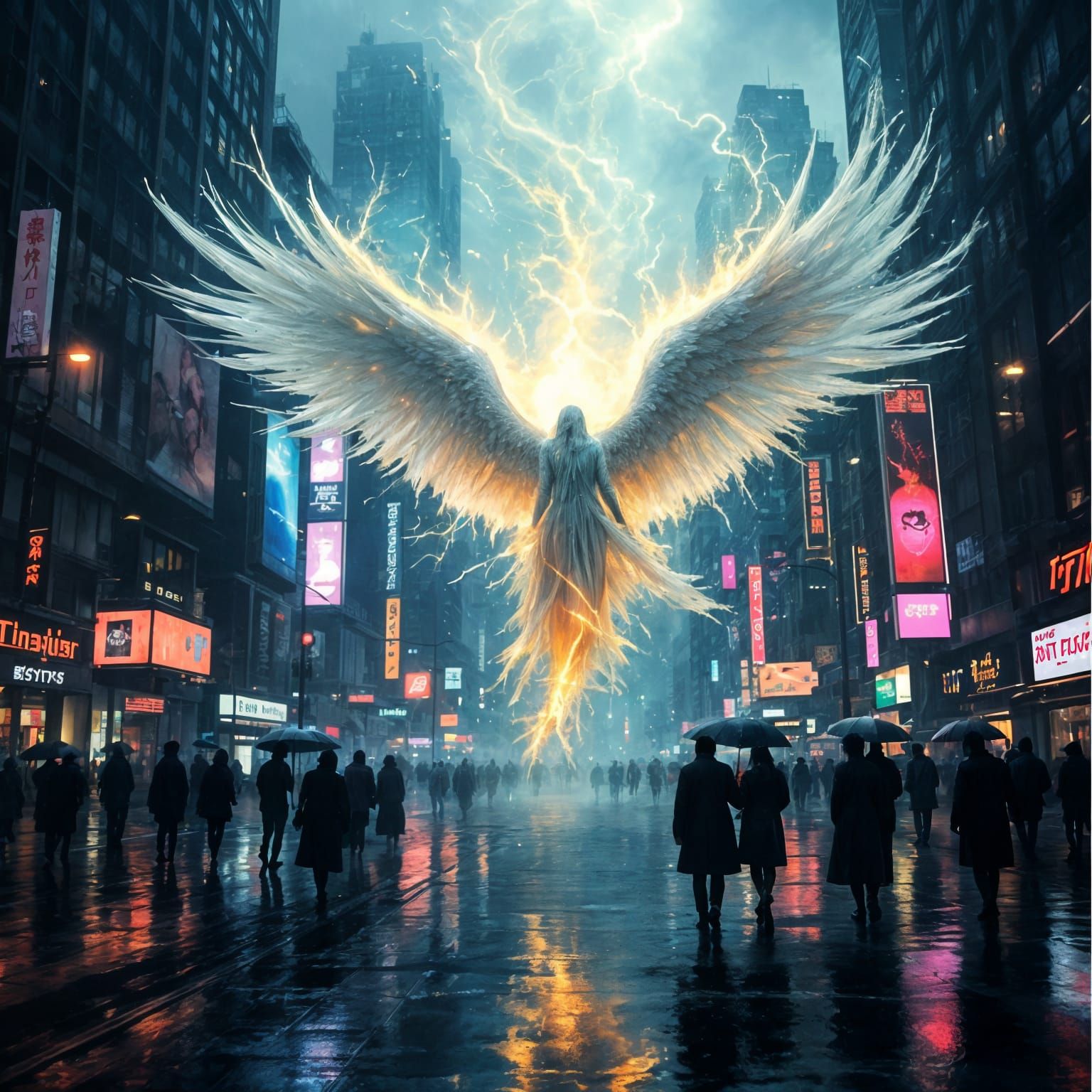Angel Descends on Blade Runner Cityscape