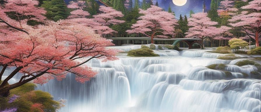 Futuristic Cityscape with River and Crescent Moon