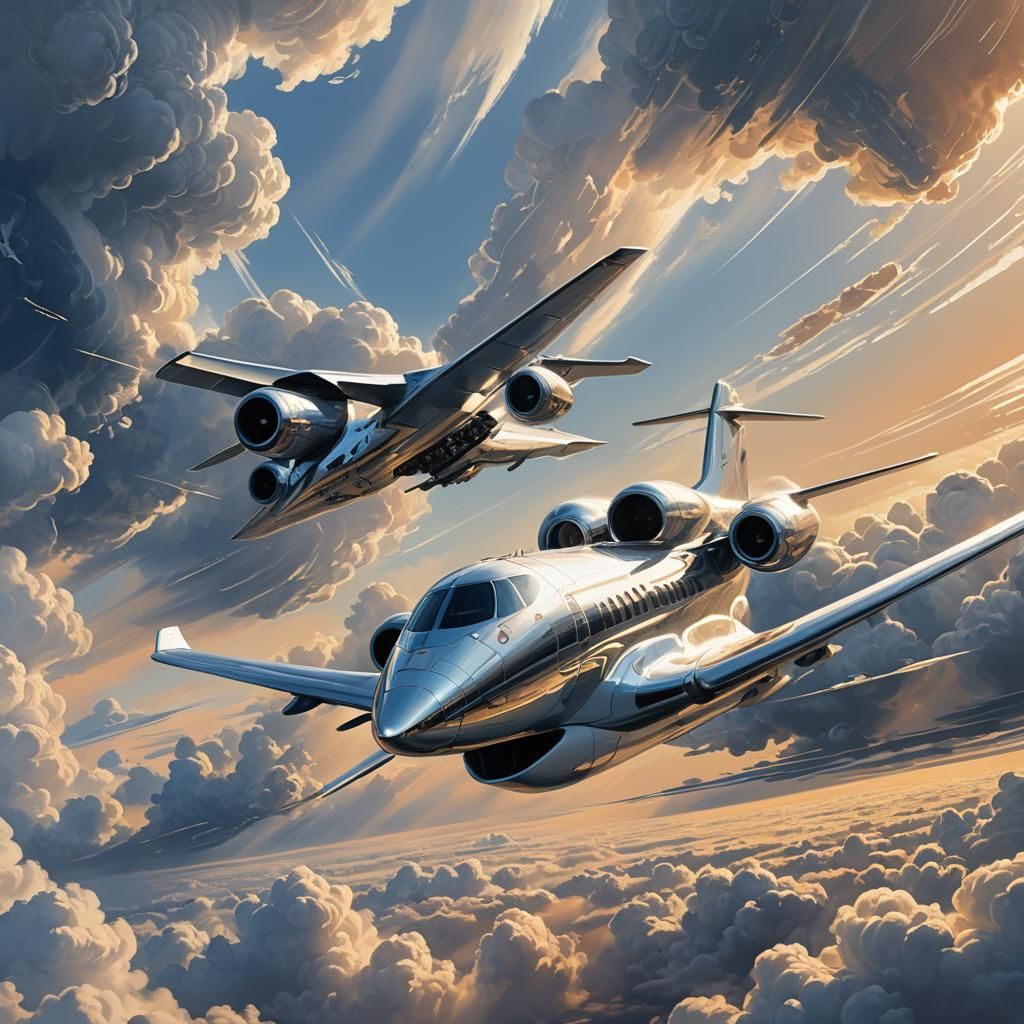 Futuristic Silver Plane Soaring Through Vortex Clouds