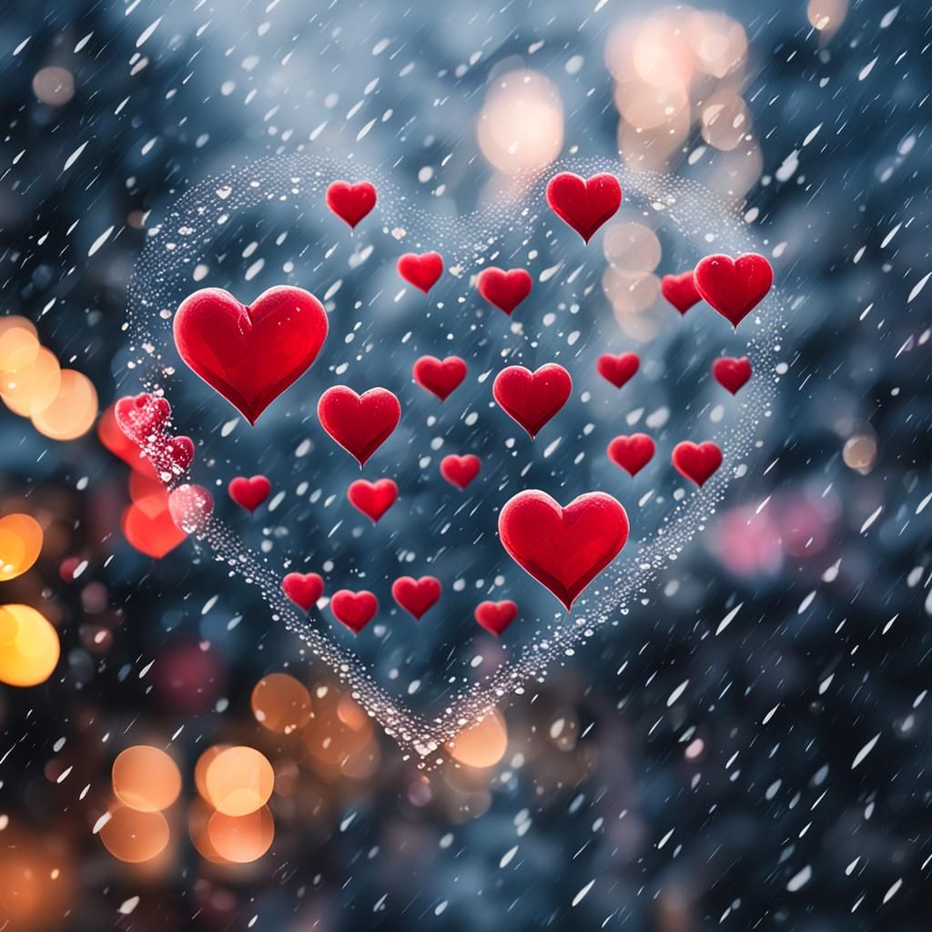 Hearts Falling in the Rain with Blurred Background