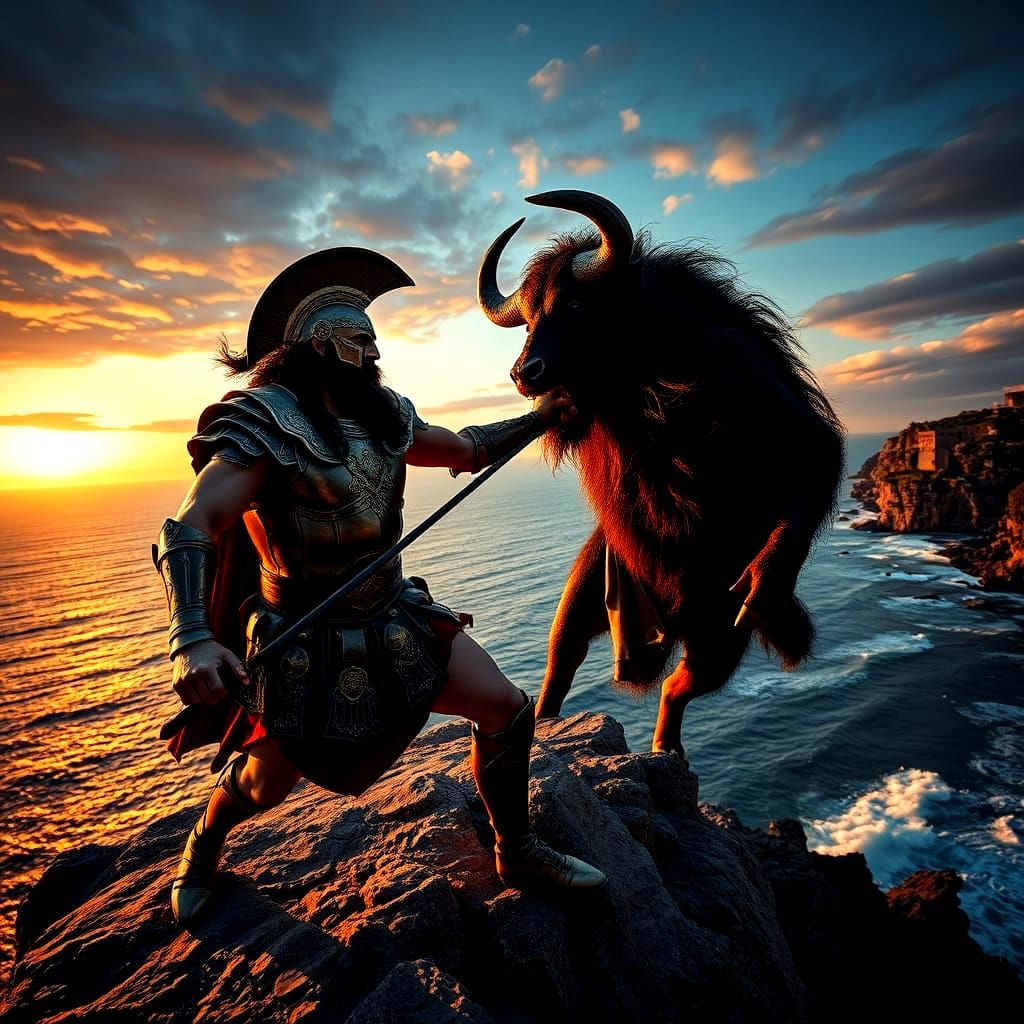 Theseus Battles Minotaur Over Mediterranean Landscape