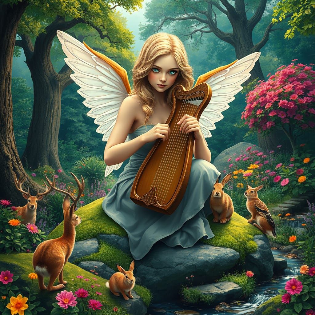 Serene Angelic Being in Vibrant Garden Setting