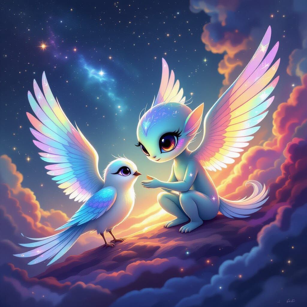 Alien Heals Wounded Space Bird in Cosmic Nebula