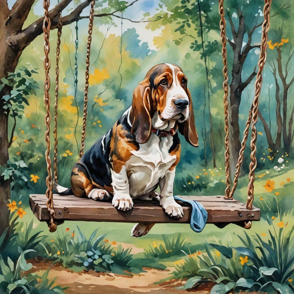 Basset Hound on a Swing as Gouache Painting