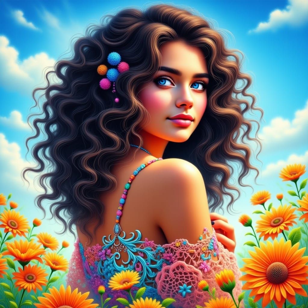 A full body picture of a woman in summer.  She has dark and very curly hair. She is wearing the colors of summer under t...
