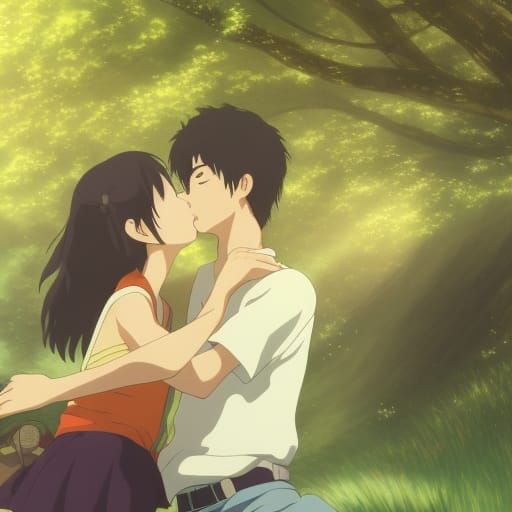 Anime Boy and Girl Kissing in Ghibli Style