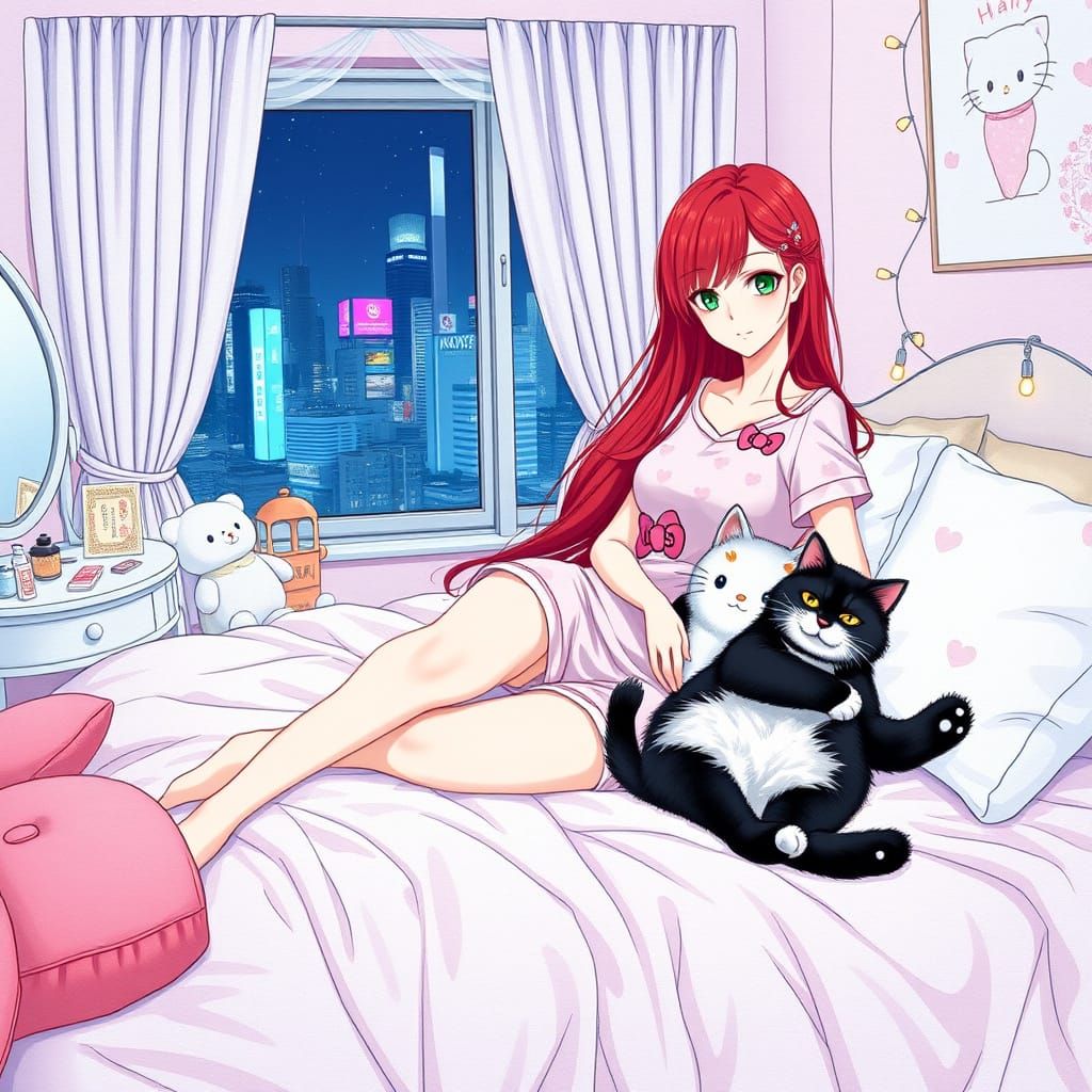 Japanese Woman with Cat in Tokyo Bedroom, Anime Art
