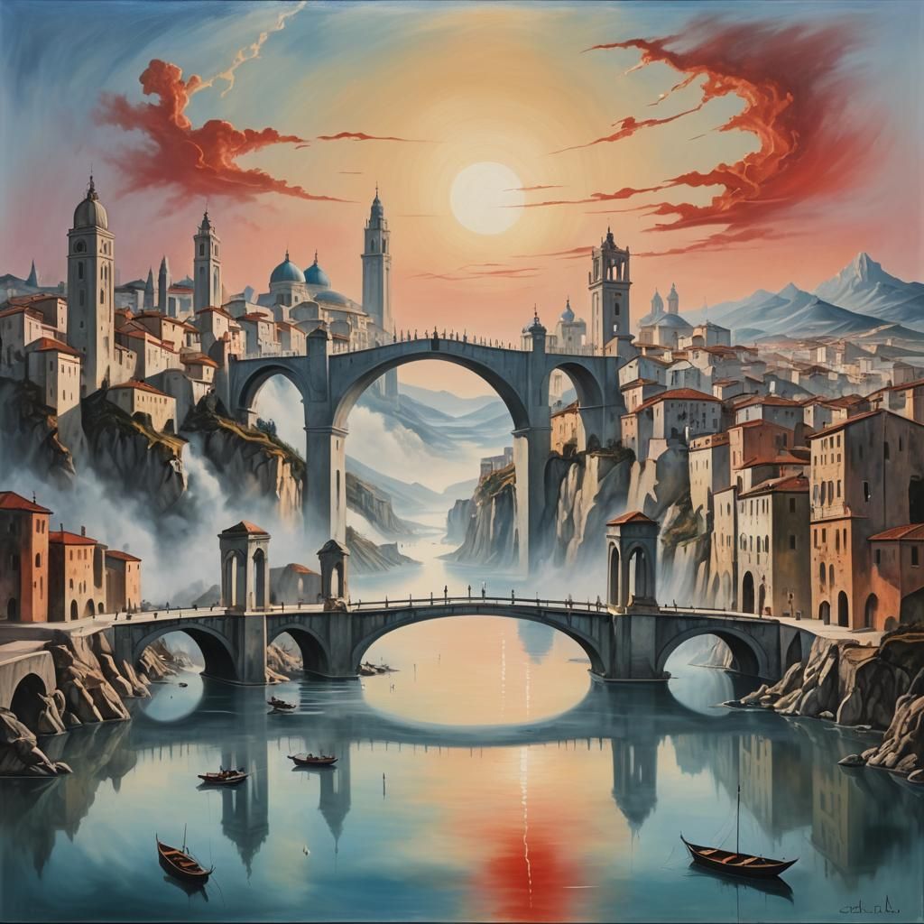 Surreal Italian Cityscape with Marble and Fog