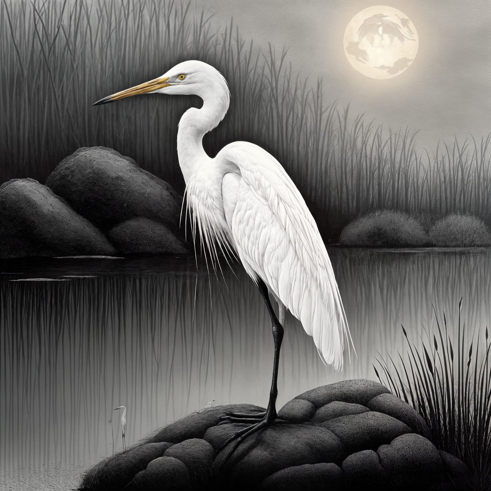 Egret on Rock in Pointillism Stippling Style