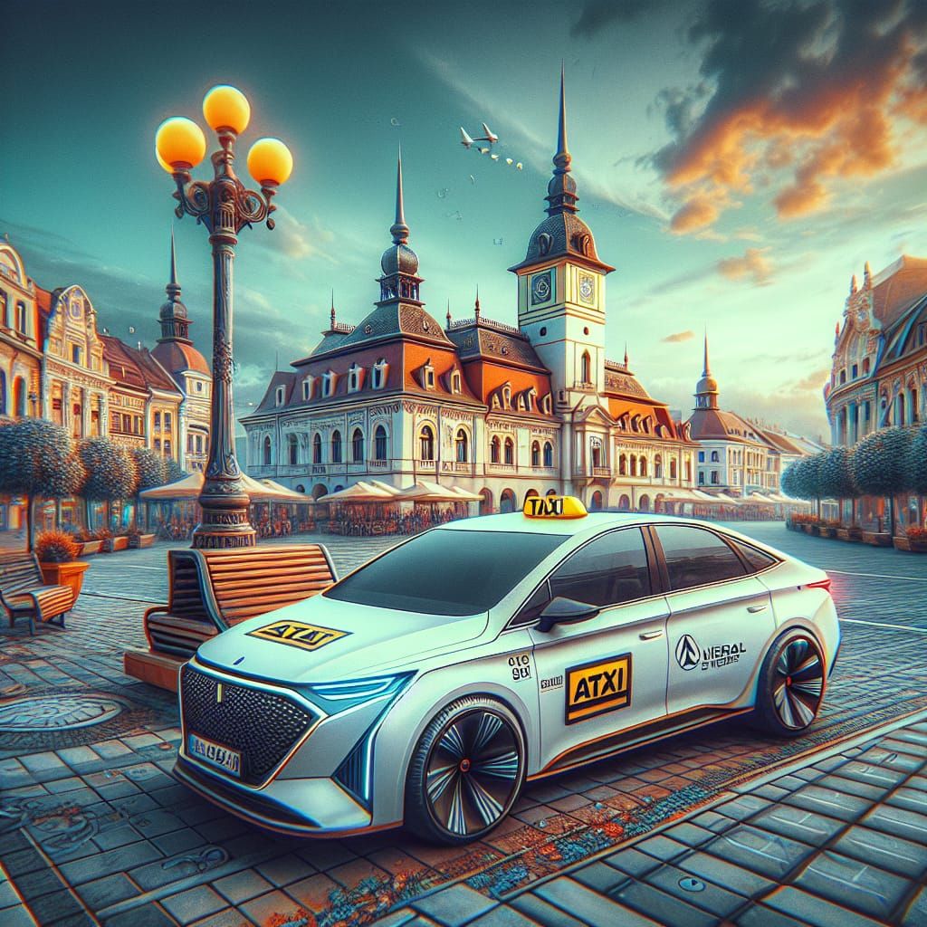 Modern White Taxi in Brașov Square, ATI Brasov
