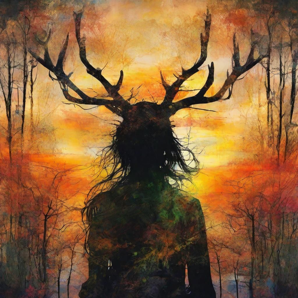 Antlered Woman Silhouette at Sunset: Rossetti-Inspired Art