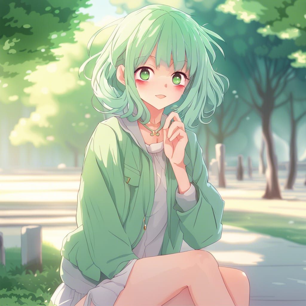 Anime Girl with Green Hair in Park - Manga Style