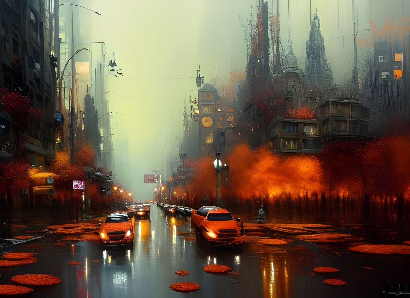 Mushroom City in Autumn Colors, Oil Painting Style